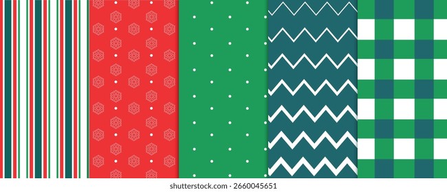 Bunte geometrische Muster mit Feiertags- und Saisondesigns in verschiedenen Stilen. Digitales Weihnachtsmuster mit Streifen, Chevron und Schneeflocken. Ideal für festliche Hintergründe 