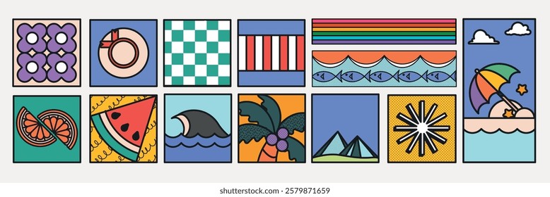 Colorful geometric patterns in a grid. Patterns include stripes, waves, and abstract shapes. Bright colors and geometric designs create a vibrant look. Summer vacation illustrations, vector set.