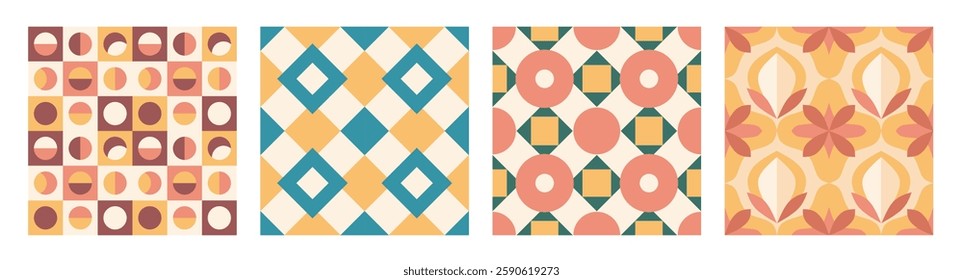 Colorful geometric patterns with modern design elements. Retro background vector illustration. Abstract vintage pattern with variety of geometric shapes and colors, circles, diamonds, squares