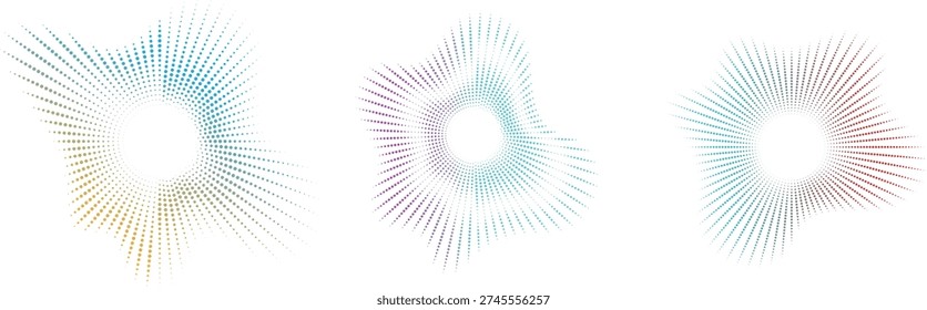 Colorful geometric patterns with multicolored dots radiating from center empty spaces creating abstract shapes and designs for graphic resources and backgrounds decorative elements