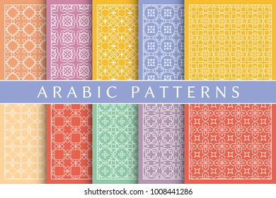 Colorful geometric patterns set in arabian style. Stylish graphic monochrome colors linear backgrounds collection, line art. Tribal ethnic arabic, indian ornamental decoration, isolated elements