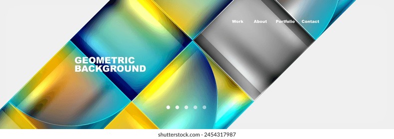 Coloridos patrones geométricos de cuadrados y círculos en tonos y sombras vibrantes, que se asemejan a una propiedad de material acuático líquido sobre un fondo blanco, imitando el cielo y los patrones de vidrio