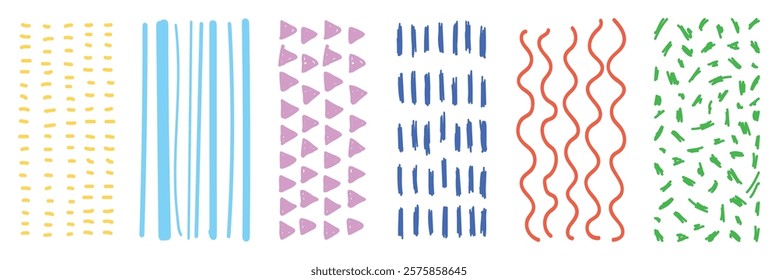 Colorful geometric patterns: yellow dots, blue stripes, pink triangles, blue lines, red waves, green dashes. Patterns in vibrant colors, geometric designs. Doodle illustrations, vector set.