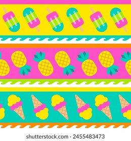 Colorful geometric pineapple, popsicle and ice cream with striped pattern design for summer holidays background.