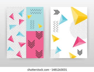 Colorful geometric pink, yellow, blue triangles design for annual report, brochure, flyer, poster. Dotted texture background vector illustration flyer, leaflet, poster. Abstract A4 brochure template.