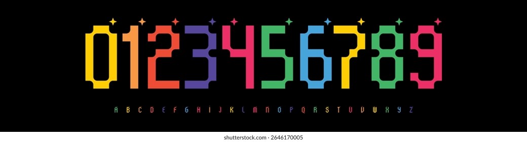 Colorful geometric pixel numbers and alphabet with stylized techno look. Retro digital font for posters, branding, logo headline, UI design, modern visual, sport team branding. Vector illustration