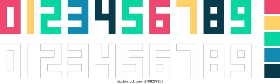 Coloridos números de píxeles geométricos con modernos dígitos de estilo de bloque y paleta a juego