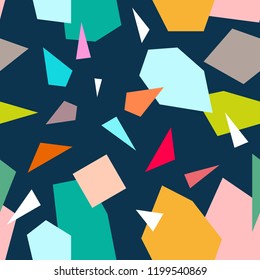Colorful geometric plaid with chaotic triangles. Bright polygon pattern. Autumn textile collection. On blue background.