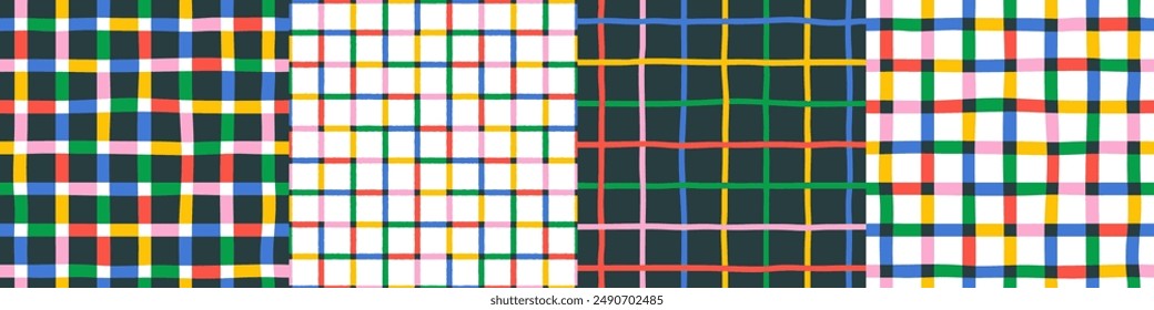 Colorful geometric plaid seamless pattern set. Traditional square gingham background collection. Checked wallpaper print, checker mosaic grid tartan texture bundle.