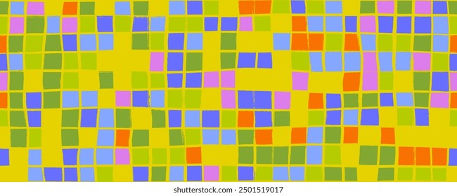 Colorful geometric plaid seamless pattern. Checked seamless banner design. Hand drawn grunge squares or pixel dots. Vector illustration with square mosaic pattern. Halftone matrix, blocks.