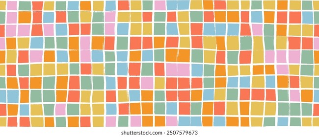 Colorful geometric plaid seamless pattern. Checked seamless banner design. Hand drawn grunge squares or pixel dots. Vector illustration with square mosaic pattern. Halftone matrix, blocks.