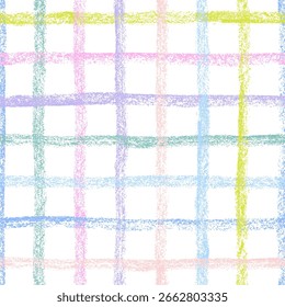 Padrão sem costura colorido xadrez geométrico. Fundo de linhas horizontais e verticais desenhadas em giz de cera. Papel de embrulho xadrez do garoto. Textura de grade bonito funky. Fundo de listras de rabiscar.