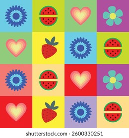 Colorful Geometric Pop Art Pattern with Fruits, Flowers, and Hearts – Vibrant Retro Seamless Background for Fabric, Wallpaper, and Digital Design