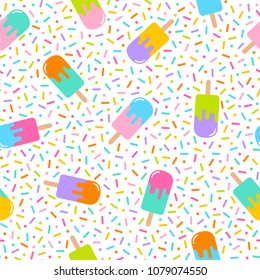 Colorful geometric popsicle seamless pattern with sprinkle background in memphis style