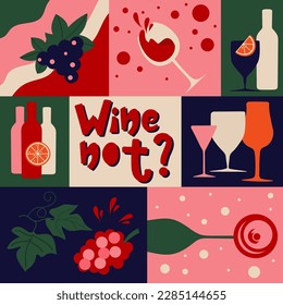 Colorful geometric poster about wine: glasses, bottles, grape and abstract elements. Vector illustration.