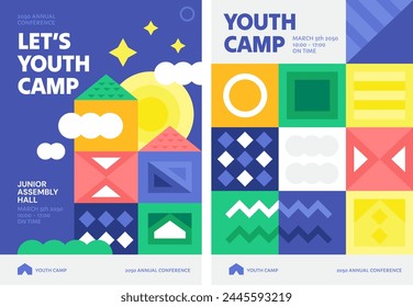 Colorful geometric poster with abstract geometrical shapes. Modern kids and youth camp promotional poster template design.