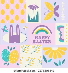 Colorful geometric poster with Easter  symbols in modern style. Vector illustration.