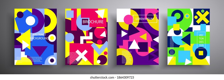 Afiche geométrico colorido. Cuadrícula con formas geométricas de color. Modernos folletos publicitarios abstractos conjunto de ilustraciones vectoriales de fondo