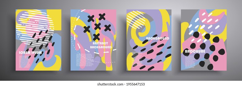 Afiche geométrico colorido. Cuadrícula con formas geométricas de color. Moderno y abstracto volantes publicitarios conjunto de ilustraciones vectoriales de fondo. Plantilla de póster geométrico, folleto.