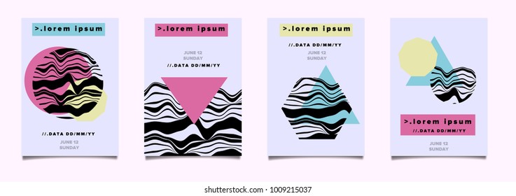 Colorful geometric poster set, bundle. Pink, blue, yellow, pastel colors, 80s, 90s style. 
