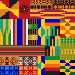 Colorful Geometric Print With Kente Symbols. Set Of Patches Inspired By African Art. Template For Textile Design, Cards, Posters.