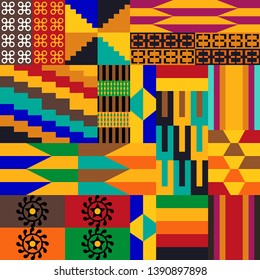 Colorful geometric print with Kente symbols. Set of patches inspired by African art. Template for textile, cards, posters.