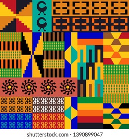 Colorful geometric print with old Kente symbols. Set of patches inspired by African art. Template for textile, cards, posters.