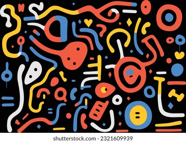 colorful geometric print shows different kinds of circles and letters, in the style of expressive lines, black background, keith haring, fluid lines and curves, stephen ormandy, blink-and-you-miss-it 