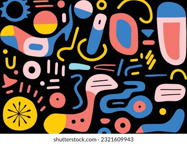 colorful geometric print shows different kinds of circles and letters, in the style of expressive lines, black background, keith haring, fluid lines and curves, stephen ormandy, blink-and-you-miss-it 