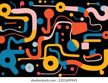 colorful geometric print shows different kinds of circles and letters, in the style of expressive lines, black background, keith haring, fluid lines and curves, stephen ormandy, blink-and-you-miss-it 