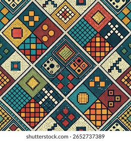 Padrão de colcha geométrica colorida com quadrados abstratos e design boêmio