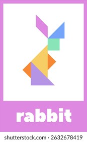 Colorful geometric rabbit design created using various shapes and bright colors on a plain background. Tangram puzzle for children. Educational card for kids on a white background.