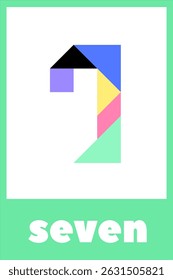 Colorful geometric representation of the number seven on a minimalist background in a modern design.Tangram puzzle for kids. Educational card for children on a white background.