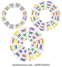 Anéis geométricos coloridos. Elementos circulares abstratos. Padrões vibrantes de interseção. Vetor design moderno.