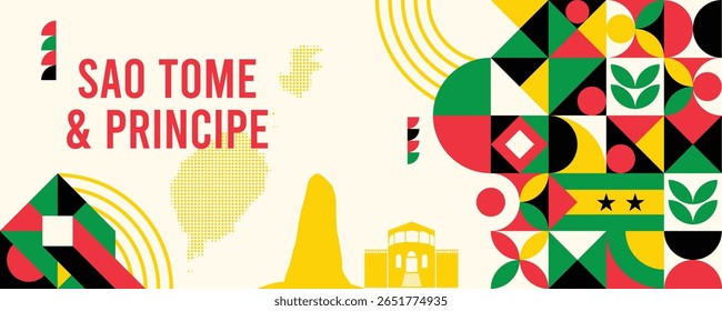Banner geométrico colorido de São Tomé Príncipe com símbolos culturais e elementos de bandeira