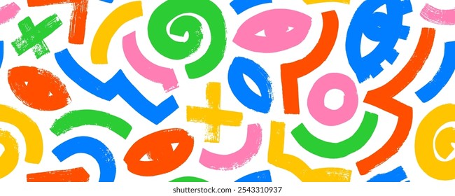 Colorful geometric seamless background with bold brush drawn doodles and figures. Hand drawn bold geometric strokes and shapes. Fun messy childish shapes. Naive drawings. Creative doodle strokes.