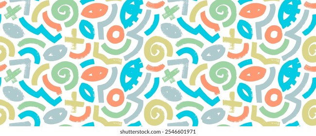 Colorful geometric seamless background with bold brush drawn doodles and figures. Hand drawn bold geometric strokes and shapes. Fun messy childish shapes. Naive drawings. Creative doodle strokes.