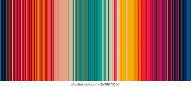 Colorful geometric seamless background with narrow lines resembling richly colored layered strips of paper arranged randomly. Bright vertical stripe pattern perfect for digital decor or modern design