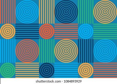 Colorful geometric seamless background pattern with concentric circles and parallel lines.  Tiled vector pattern of abstract shapes and squares. Blue cyan green orange and red colors.