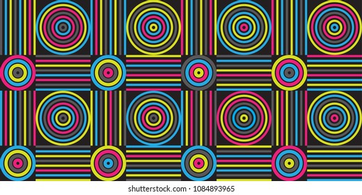 Colorful geometric seamless background pattern with concentric circles and parallel lines.  Tiled vector pattern of abstract shapes and squares. cyan magenta and yellow colors on black.