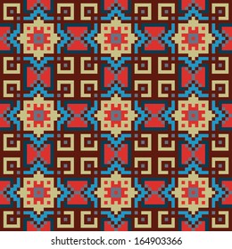 Colorful geometric seamless ethnic pattern background in brown, red, blue colors. vector illustration