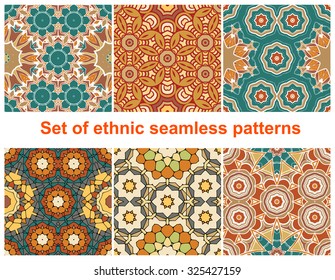 Colorful geometric seamless ethnic pattern background in brown, orange, green colors. Set. 
