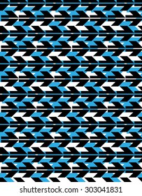 Composición de capas geométricas y sin costuras coloridas creada con flechas negras, fondo vectorial inagotable simétrico azul. Resumen del diseño conceptual.