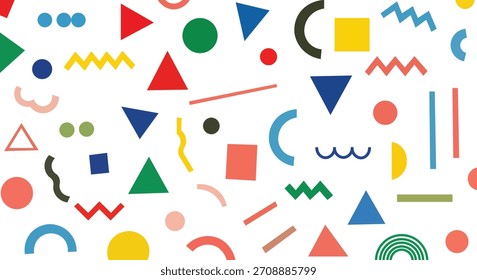 Colorful geometric seamless pattern with 80s style shapes on transparent background vector abstract background with circles, triangles, zigzags 
