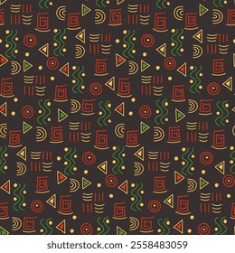 Colorful geometric seamless pattern with abstract symbols in red, green, and yellow on black background, inspired by traditional African motifs. Black history month illustration in vector style