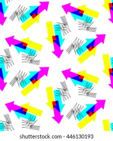 Colorful geometric seamless pattern, abstract shapes and arrows on a white background, imitation CMYK color, wallpaper background, vector EPS 8
