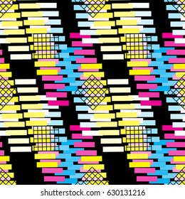 Colorful geometric seamless pattern. Abstract shapes on a black background, imitation palette CMYK color. Print for textile and fabric in African wax style. Vector EPS 8