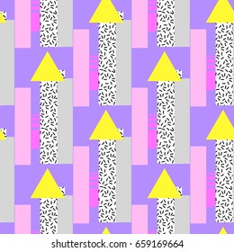 Colorful geometric seamless pattern. Abstract shapes on a purple background. Style 80's and 90's, vintage memphis. Print for textile and fabric in African wax style. Vector EPS 8