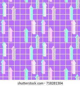 Colorful geometric seamless pattern. Abstract arrows on a purple background. Style 80's and 90's, vintage memphis. Print for textile and fabric in African wax style. Vector EPS 8