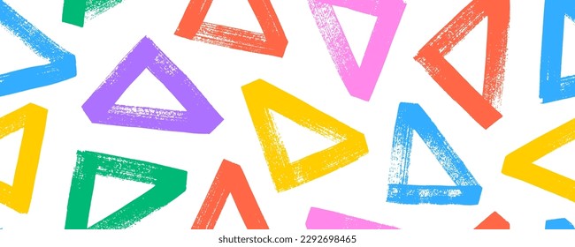 Colorful geometric seamless pattern with bold triangles. Geometric abstract texture, horizontal vector bright color banner. Brush drawn grunge triangles with rough edges and dry texture. Trendy design